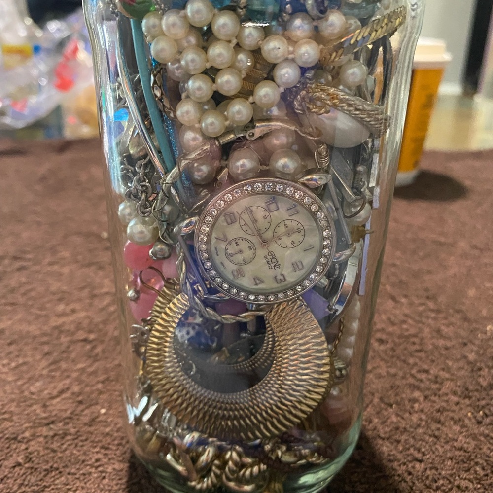 Assorted Jewelry Jar with Watch and Pearls